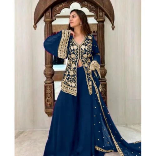 Women's Georgette Embroidery 3-4th Sleeve V-Neck Kurti, Palazzo And Dupatta Set (Morpich)