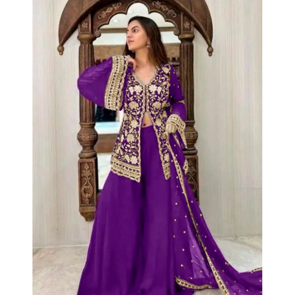 Women's Georgette Embroidery 3-4th Sleeve V-Neck Kurti, Palazzo And Dupatta Set (Purple)