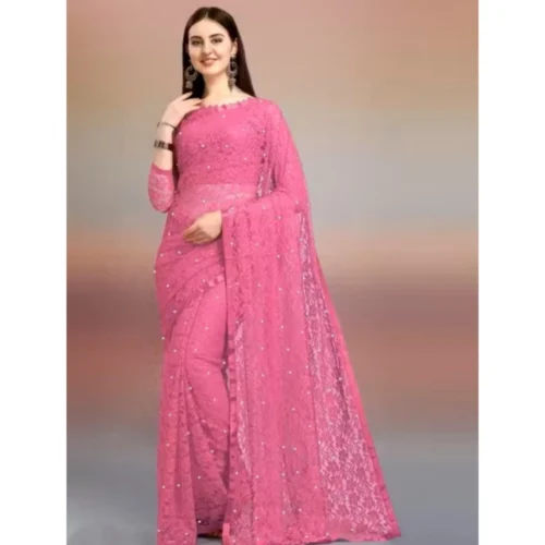 Women's Net Self Design Saree With Unstitched Blouse 5.5Mtr?(Dark Pink)