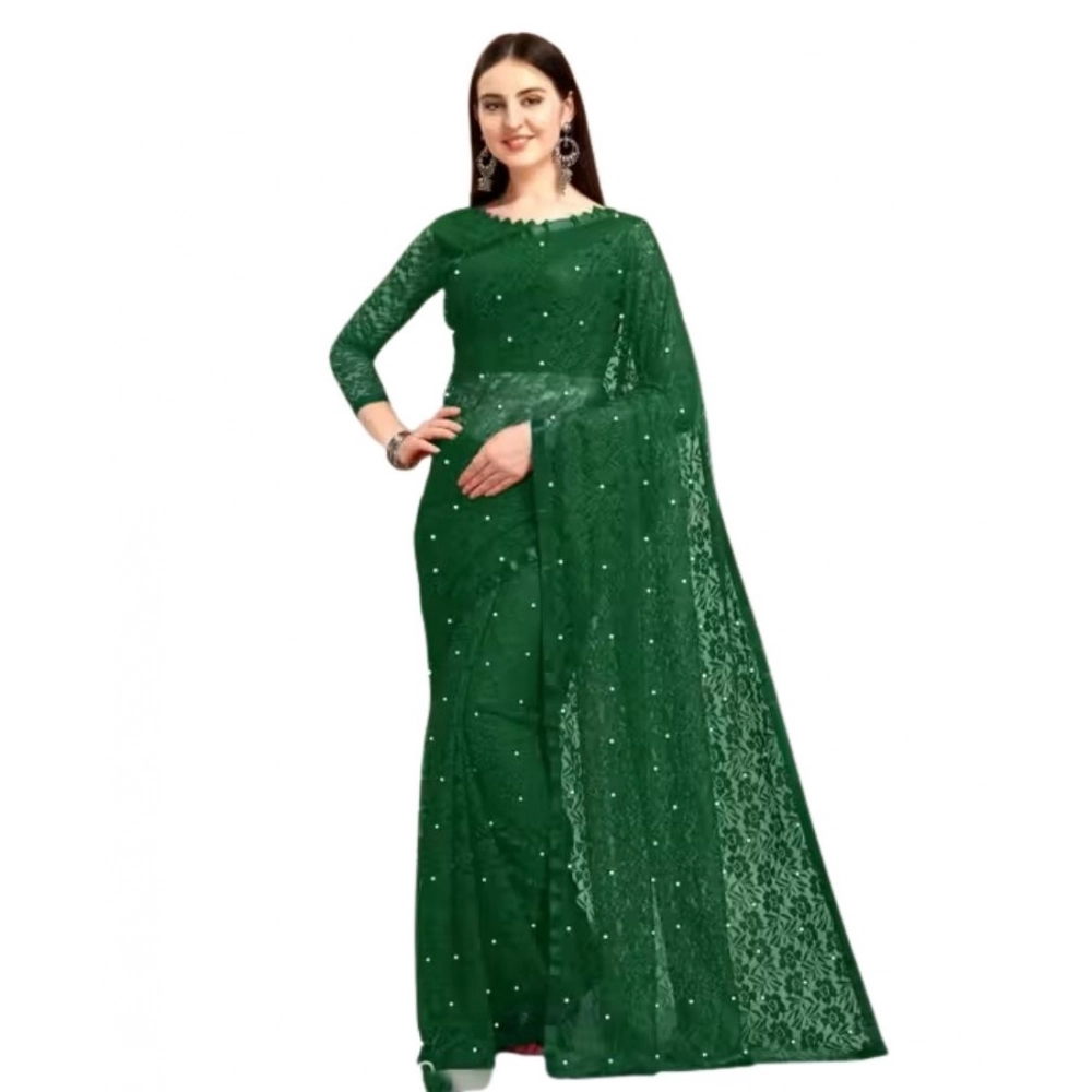 Women's Net Self Design Saree With Unstitched Blouse 5.5Mtr?(Green) - Image 2