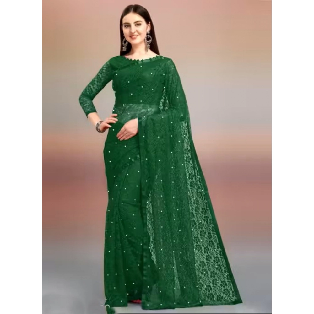 Women's Net Self Design Saree With Unstitched Blouse 5.5Mtr?(Green)