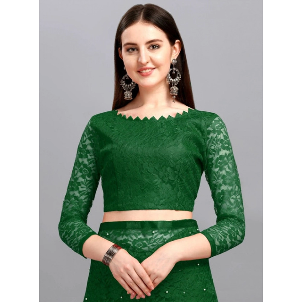 Women's Net Self Design Saree With Unstitched Blouse 5.5Mtr?(Green) - Image 3