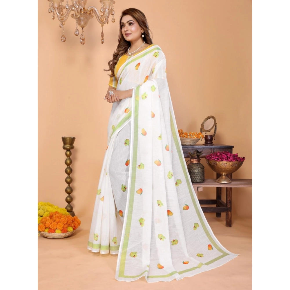 Women's Linen Cotton Printed Saree With Unstitched Blouse 5.5Mtr (White) - Image 3