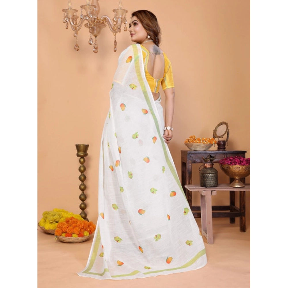 Women's Linen Cotton Printed Saree With Unstitched Blouse 5.5Mtr (White) - Image 4