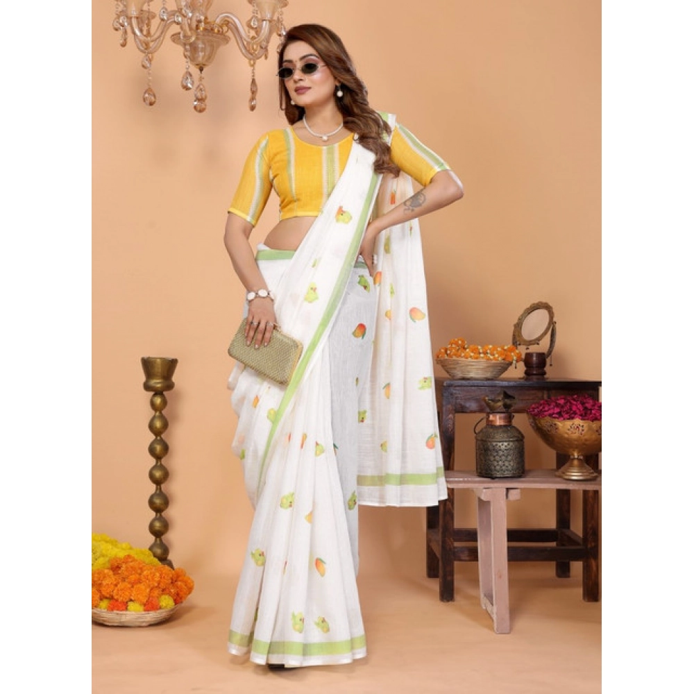 Women's Linen Cotton Printed Saree With Unstitched Blouse 5.5Mtr (White) - Image 5