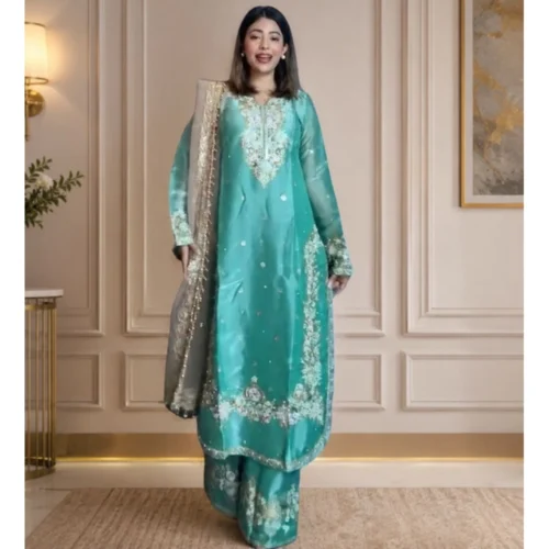 Women's Silk Embroidered 3/4th Sleeve Round Readymade Kurti With Palazzo Pant and Dupatta Set (Sea Green)