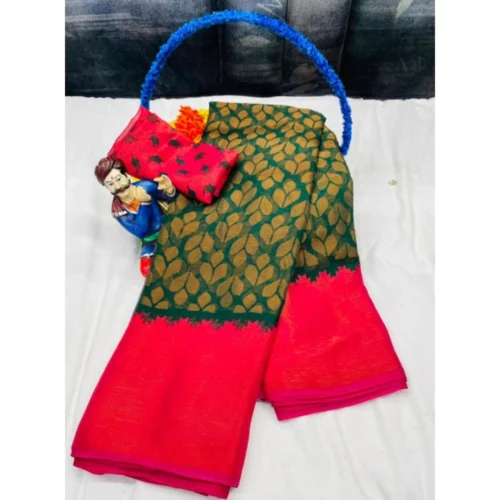 Women's Brasso Printed Saree With Unstitched Blouse 5.5Mtr (Green)