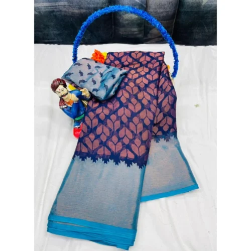 Women's Brasso Printed Saree With Unstitched Blouse 5.5Mtr (Navy blue)