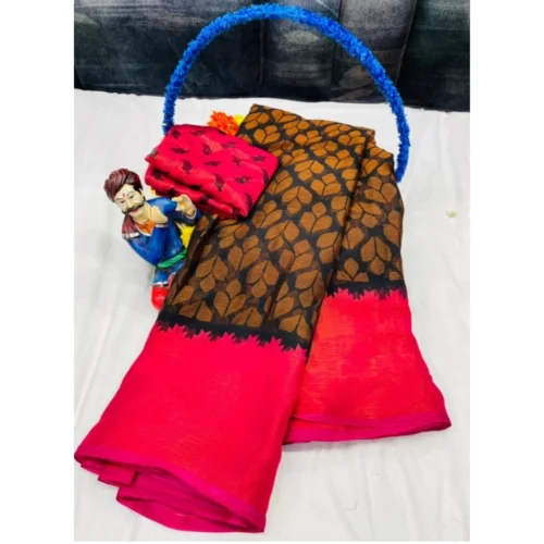 Women's Brasso Printed Saree With Unstitched Blouse 5.5Mtr (Black)