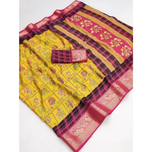 Women's Dola Silk Printed Saree With Unstitched Blouse 5.5Mtr (Yellow)