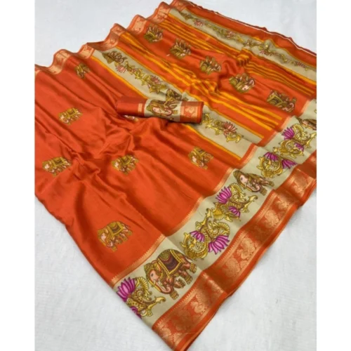 Women's Dola Silk Printed Saree With Unstitched Blouse 5.5Mtr (Orange)