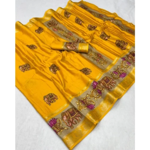 Women's Dola Silk Printed Saree With Unstitched Blouse 5.5Mtr (Yellow)