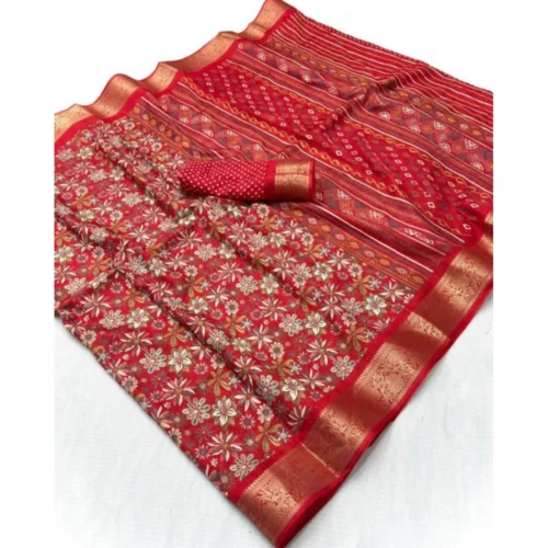 Women's Dola Silk Floral Printed Saree With Unstitched Blouse 5.5Mtr (Red)