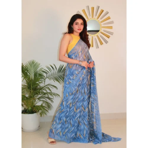 Women's Georgette Printed Saree With Unstitched Blouse 5.5Mtr (Blue)
