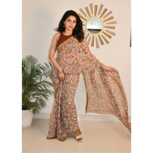 Women's Georgette Printed Saree With Unstitched Blouse 5.5Mtr (Brown)