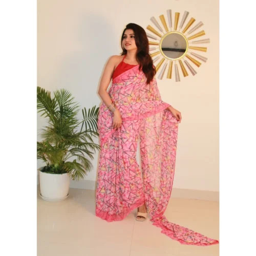 Women's Georgette Printed Saree With Unstitched Blouse 5.5Mtr (Pink)