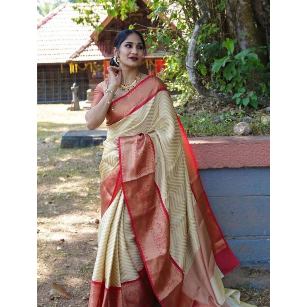Women's Litchi silk Printed Saree With Unstitched Blouse (Beige) - Image 2