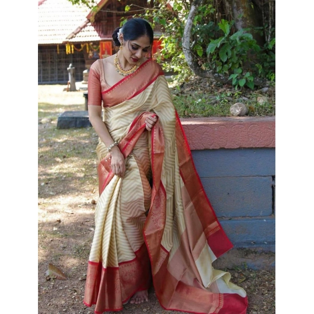 Women's Litchi silk Printed Saree With Unstitched Blouse (Beige) - Image 3