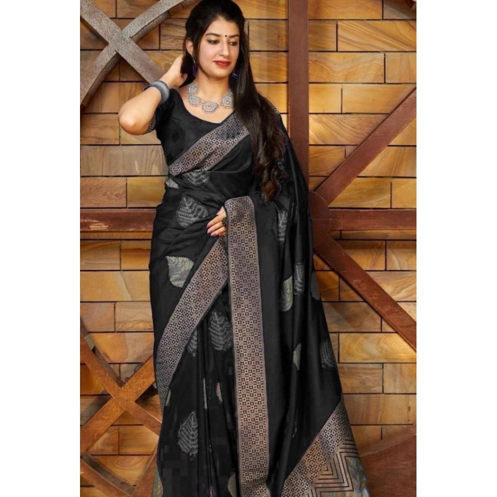 Women's Litchi silk Printed Saree With Unstitched Blouse (Black) - Image 2