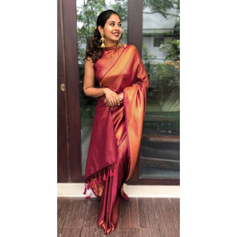 Women's Litchi silk Printed Saree With Unstitched Blouse (Red) - Image 2