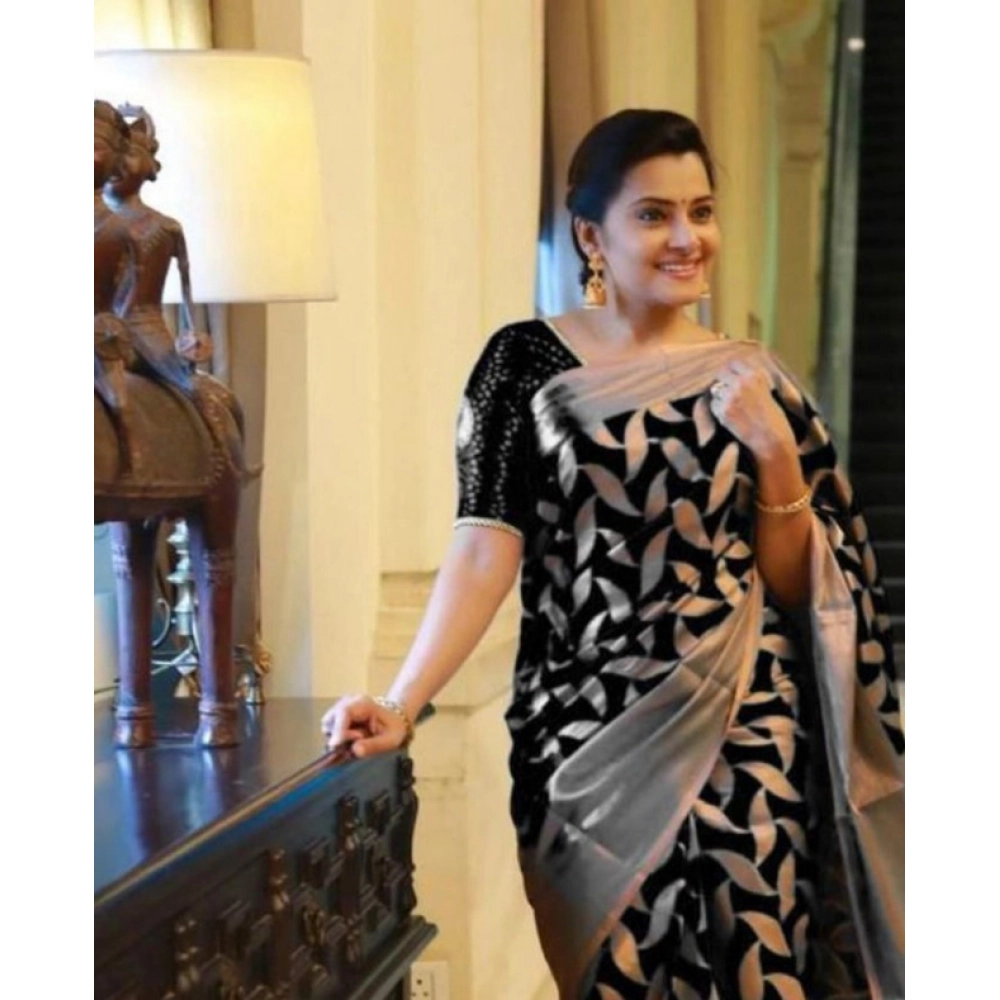 Women's Litchi silk Printed Saree With Unstitched Blouse (Black) - Image 2