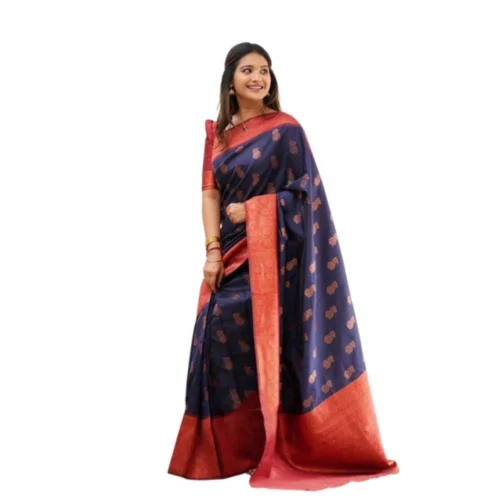 Women's Litchi silk Printed Saree With Unstitched Blouse (Blue)