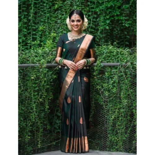 Women's Litchi silk Printed Saree With Unstitched Blouse (Green)