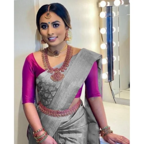 Women's Litchi silk Printed Saree With Unstitched Blouse (Grey)