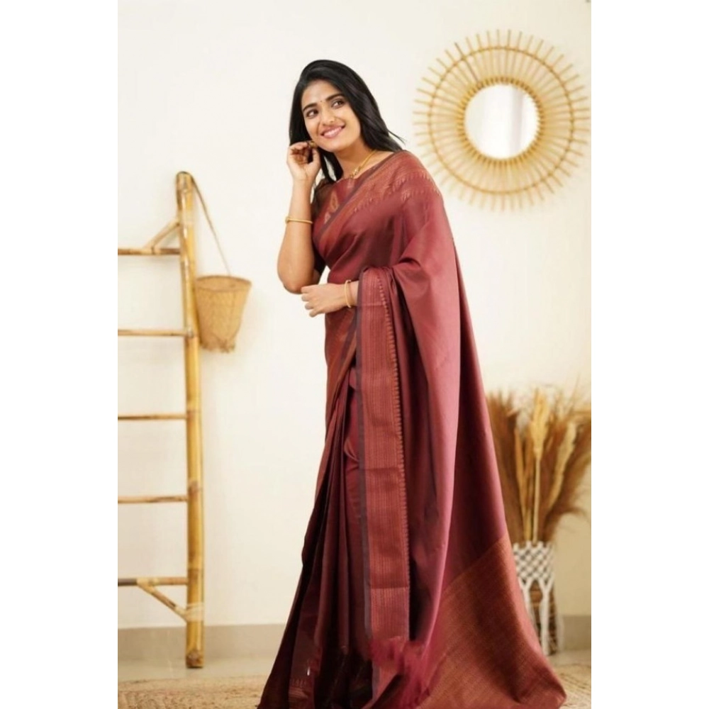 Women's Litchi silk Printed Saree With Unstitched Blouse (Maroon) - Image 2