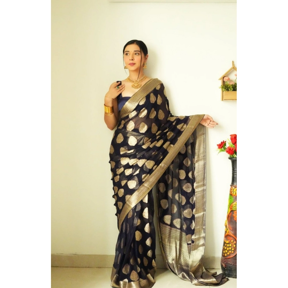 Women's Litchi silk Printed Saree With Unstitched Blouse (Black) - Image 2