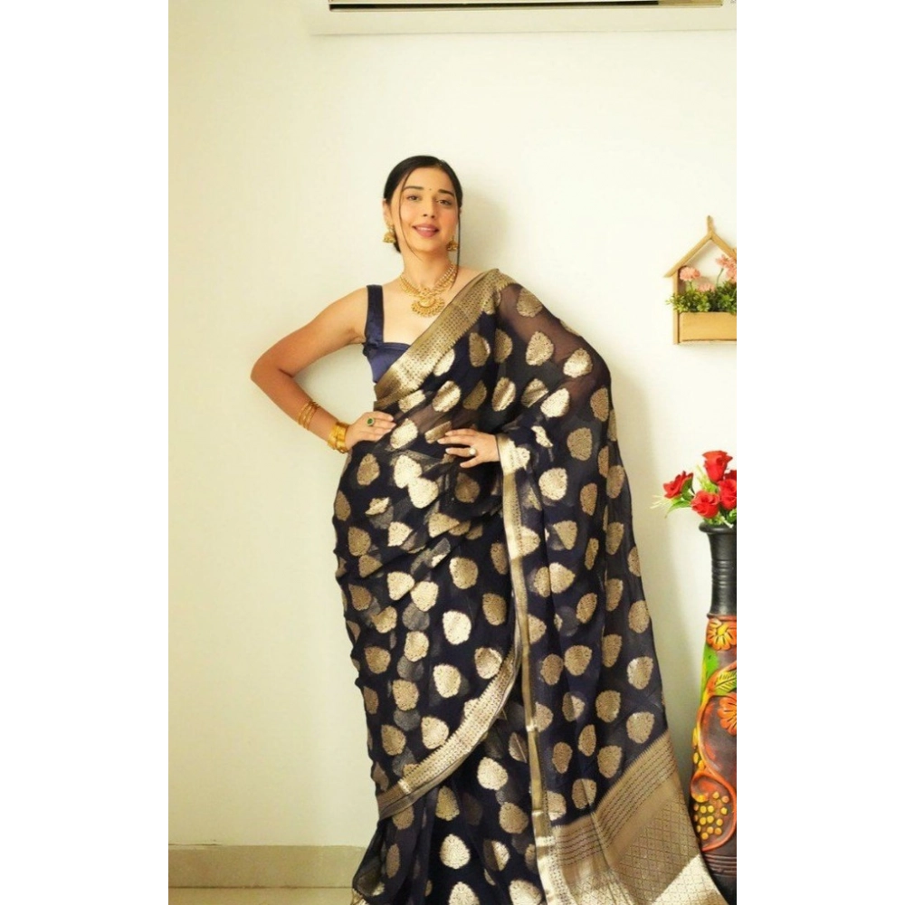 Women's Litchi silk Printed Saree With Unstitched Blouse (Black) - Image 3