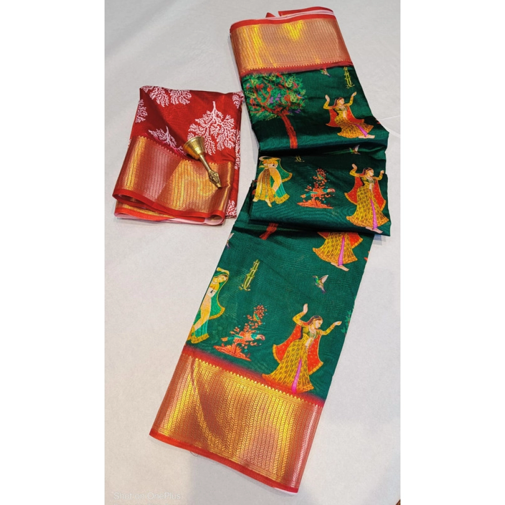 Women's Digital Dolla Silk Printed Saree With Unstitched Blouse 5.5Mtr (Green)