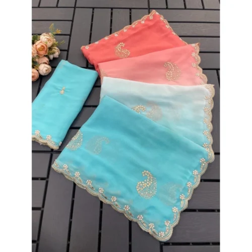 Women's Digital Printed? Geogette Saree With Unstitched Blouse (Blue, 5-6 Mtrs)