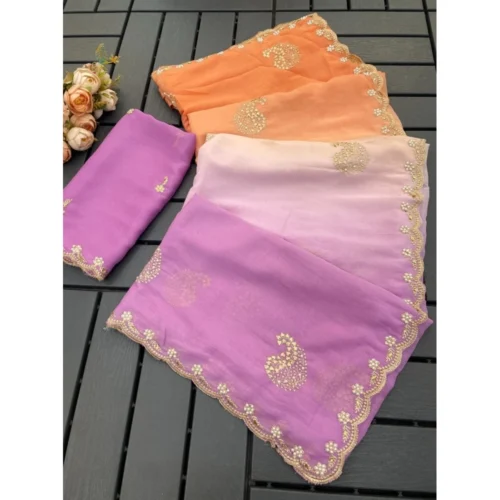 Women's Digital Printed? Geogette Saree With Unstitched Blouse (Wine, 5-6 Mtrs)