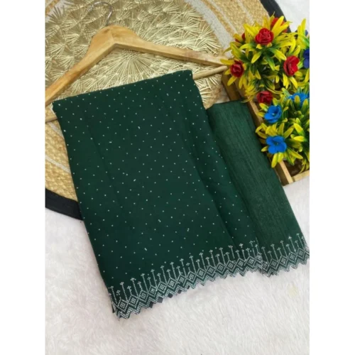 Women's Georgette Stone Work Saree With Unstitched Blouse 5.5Mtr (Green)