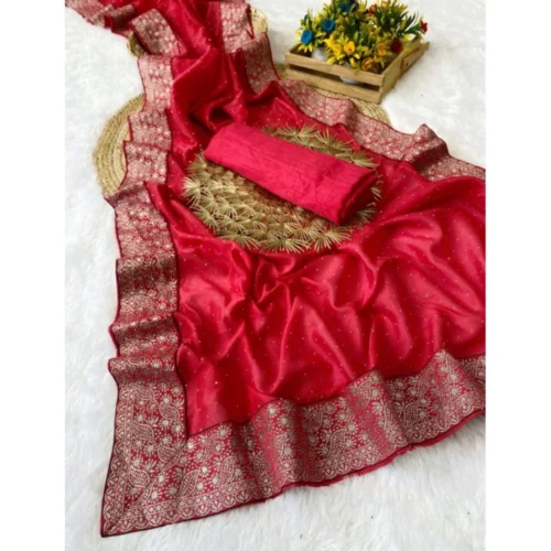 Women's Silk Embroidred Saree With Unstitched Blouse 5.5Mtr (Pink)
