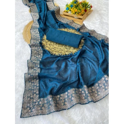 Women's Silk Embroidred Saree With Unstitched Blouse 5.5Mtr (Light Green)