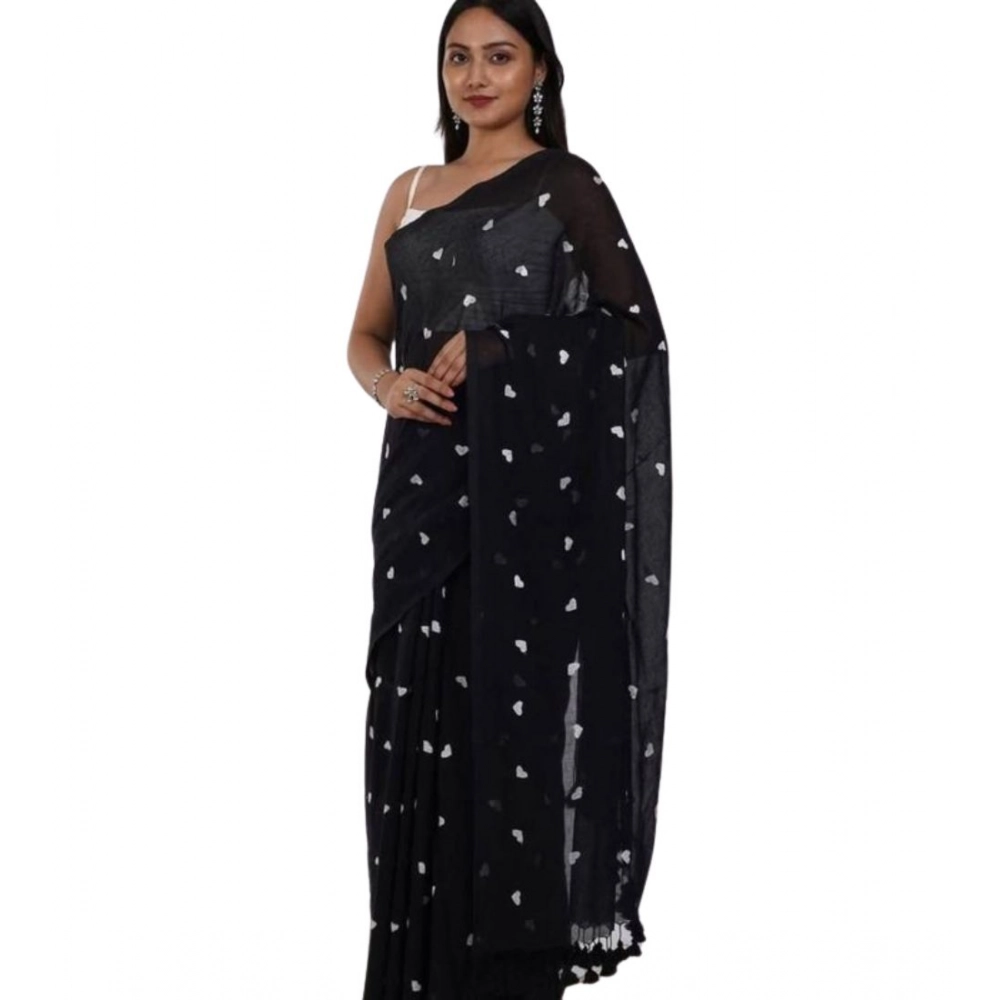 Women's Linen Printed Saree With Unstitched Blouse 5.5Mtr (Black) - Image 2