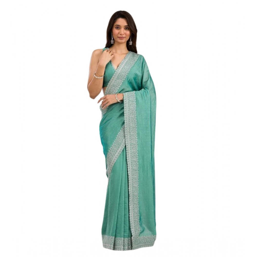Women's Silk Embroidred Saree With Unstitched Blouse 5.5Mtr (Light Green) - Image 5