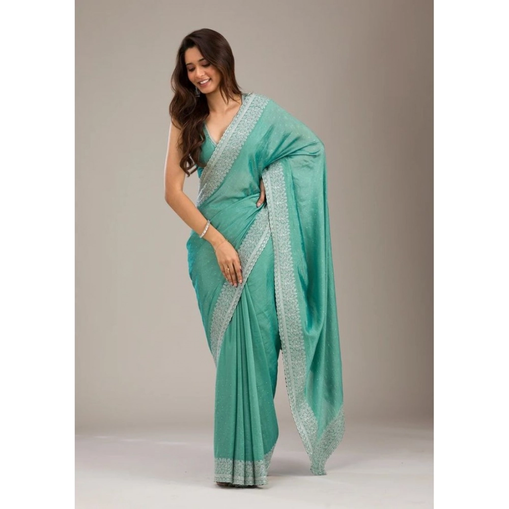 Women's Silk Embroidred Saree With Unstitched Blouse 5.5Mtr (Light Green) - Image 3