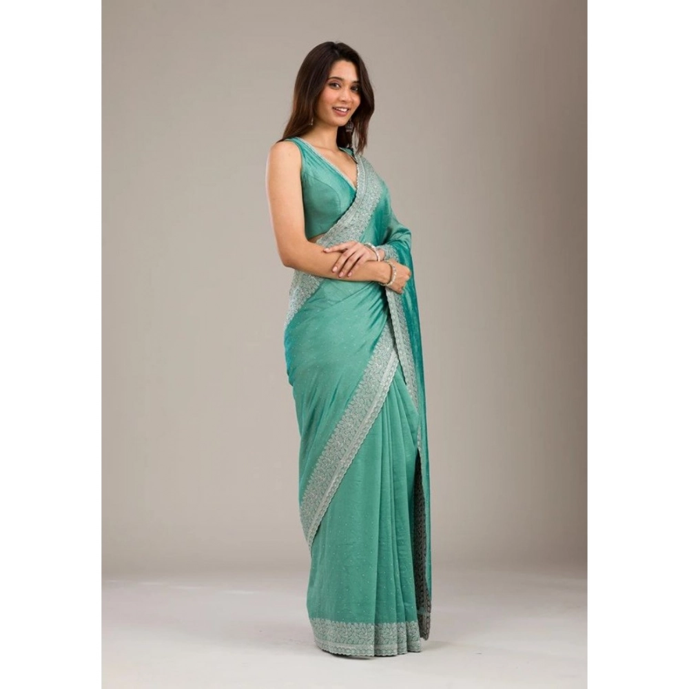 Women's Silk Embroidred Saree With Unstitched Blouse 5.5Mtr (Light Green) - Image 4