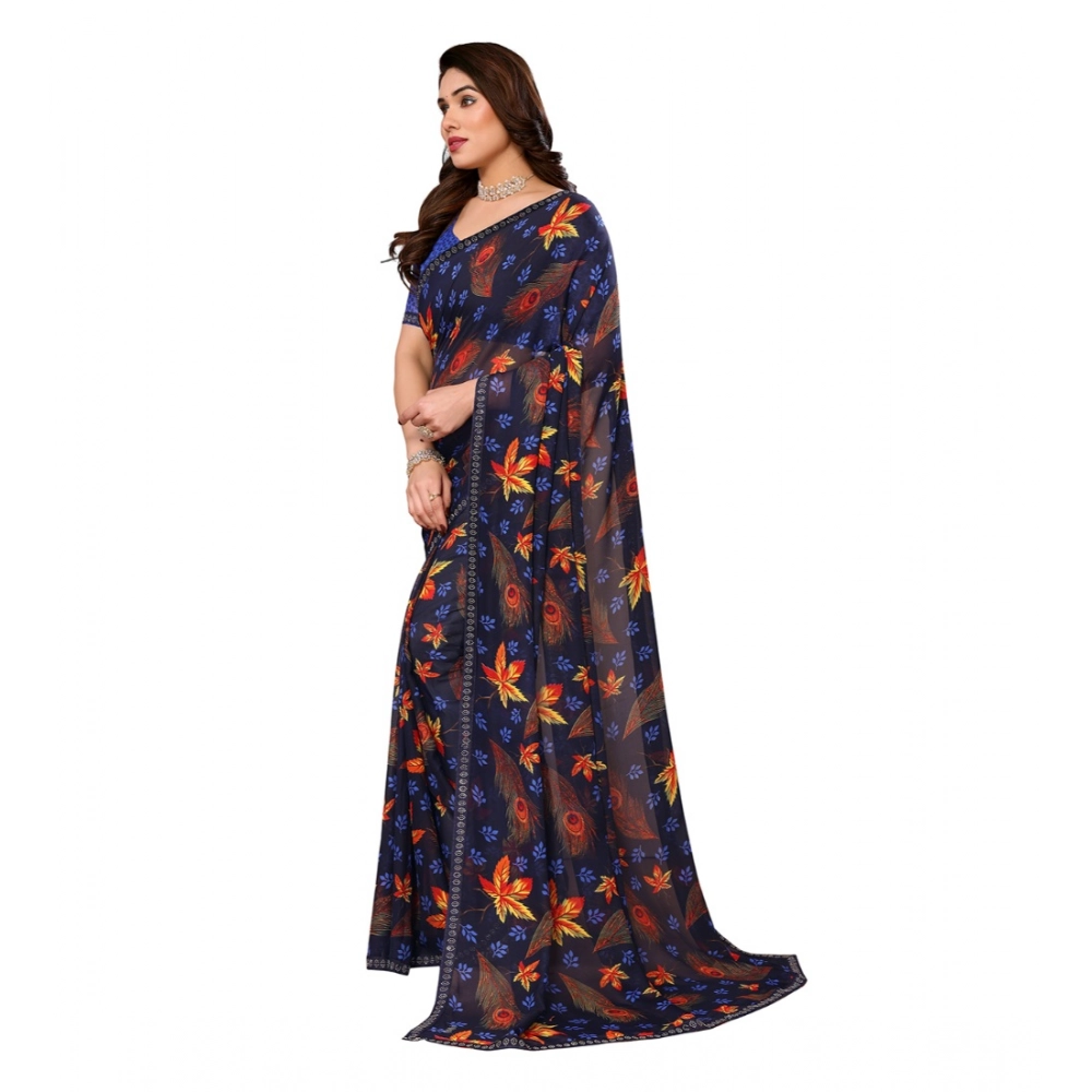 Women's Georgette Printed Saree With Unstitched Blouse 5.5Mtr (Blue) - Image 2