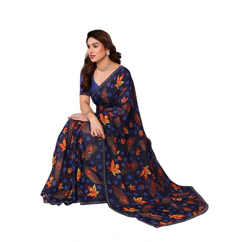 Women's Georgette Printed Saree With Unstitched Blouse 5.5Mtr (Blue) - Image 4