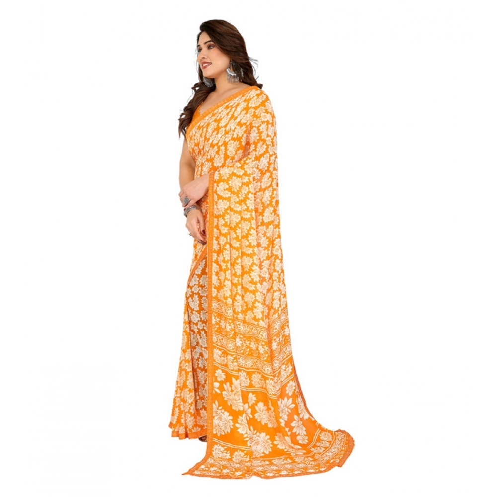 Women's Georgette Printed Saree With Unstitched Blouse 5.5Mtr (Yellow) - Image 2