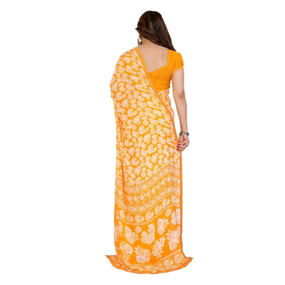 Women's Georgette Printed Saree With Unstitched Blouse 5.5Mtr (Yellow) - Image 3