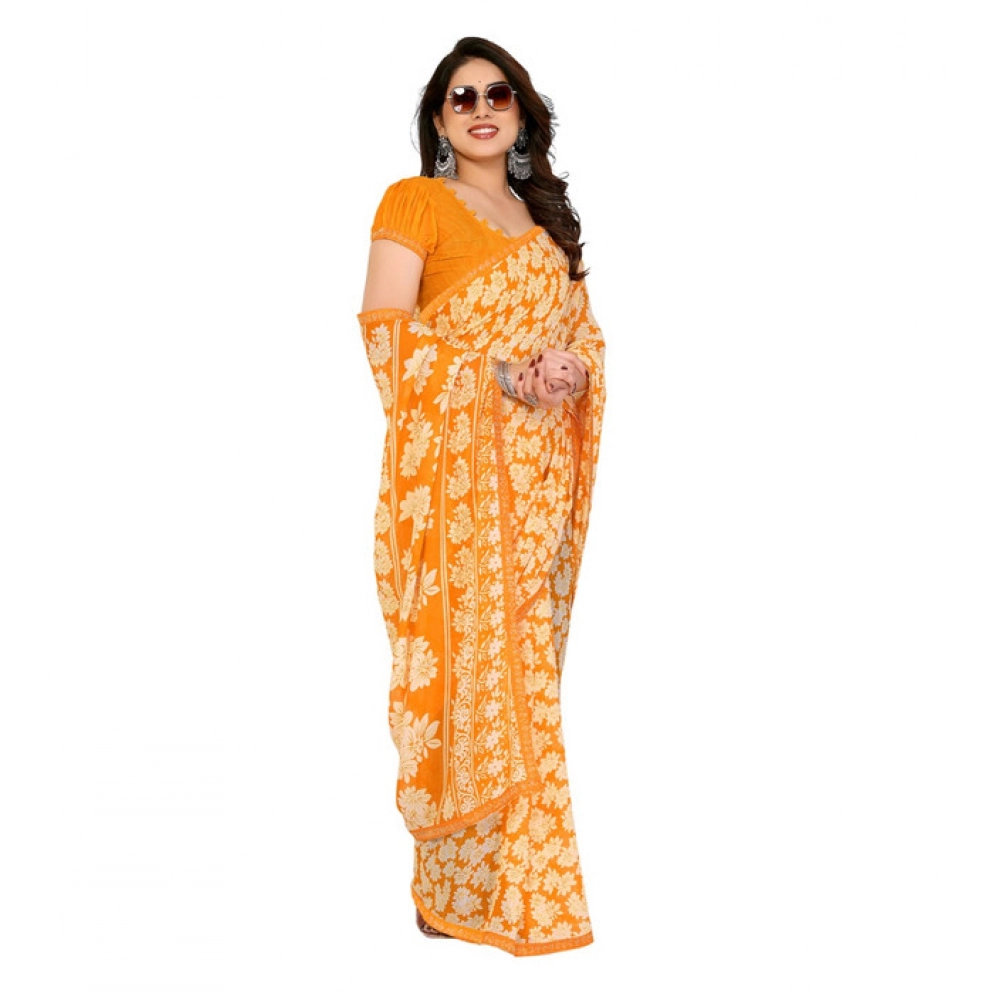Women's Georgette Printed Saree With Unstitched Blouse 5.5Mtr (Yellow) - Image 4