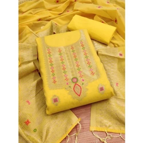 Women's Banarasi Silk Printed Unstitched Salwar Suit Material With Dupatta (Yellow, 3Mtrs)
