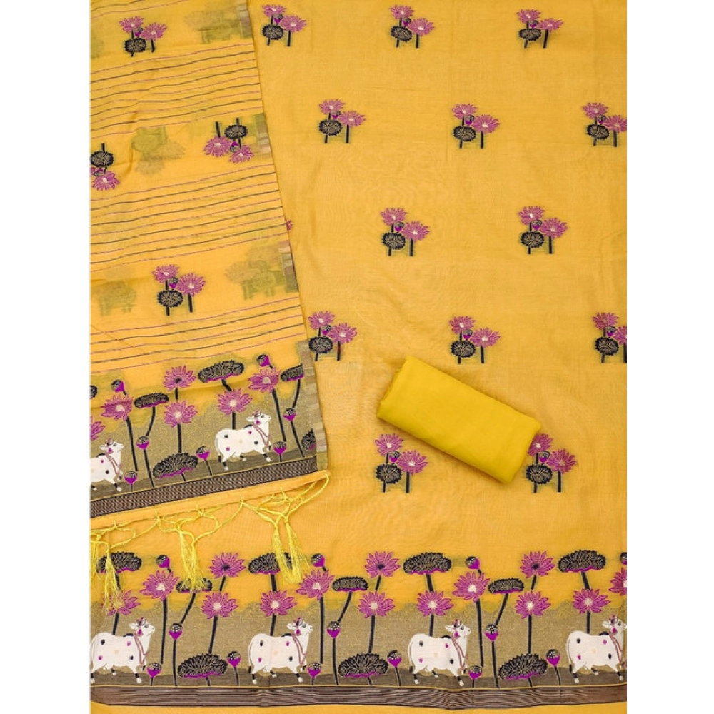 Women's Banarasi Silk Printed Unstitched Salwar Suit Material With Dupatta (Yellow, 3Mtrs) - Image 3