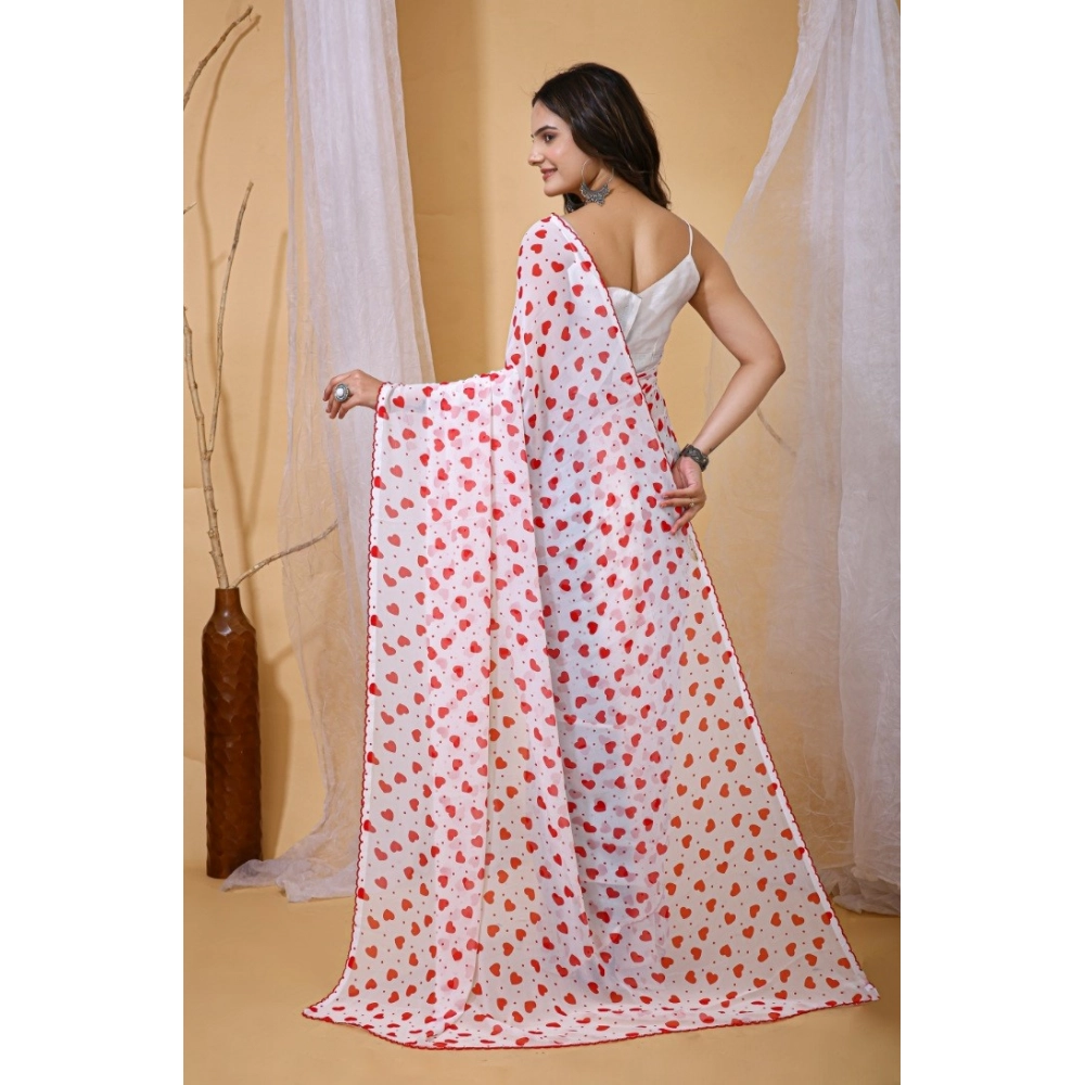 Women's Georgette Printed Saree With Unstitched Blouse 5.5Mtr (White-Red) - Image 2