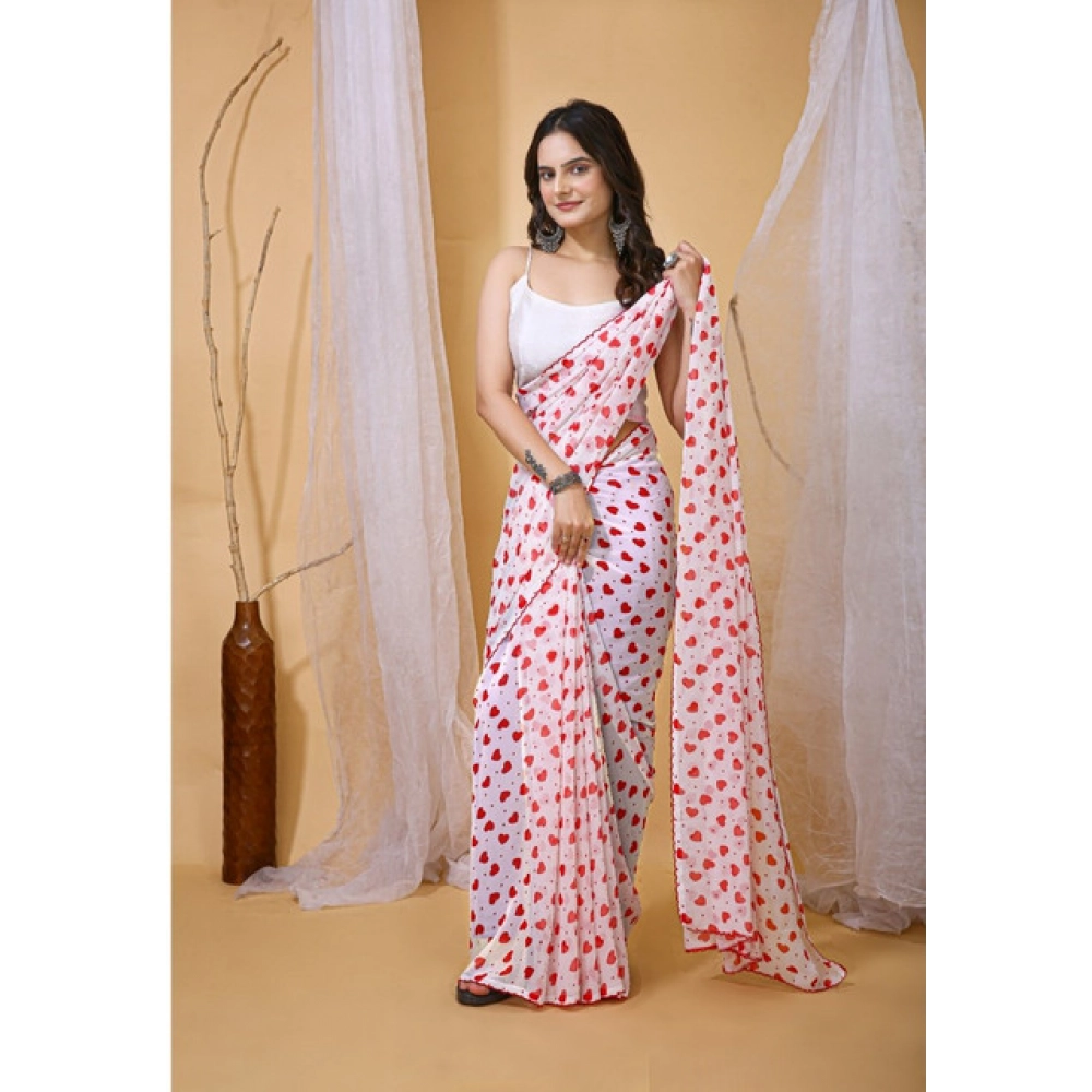Women's Georgette Printed Saree With Unstitched Blouse 5.5Mtr (White-Red) - Image 3